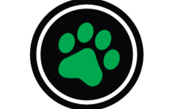 Green paw print inside a black circle with a white and black border. 