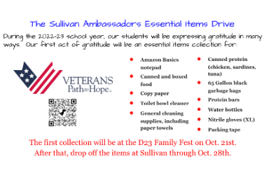 Sullivan Ambassadors Essential Items Drive Fund Raiser Flyer