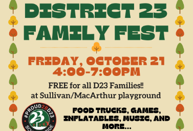 D23 Family Fest Friday, 10/21/22, Free at Sullivan/Mac Playground. Food Trucks, Games, Inflatables, Music & More.